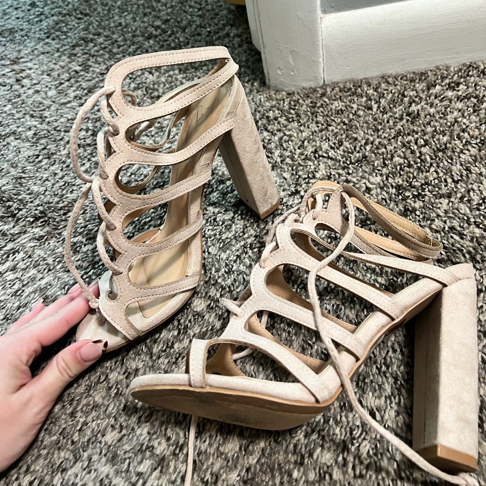 Beige suede heel sandals